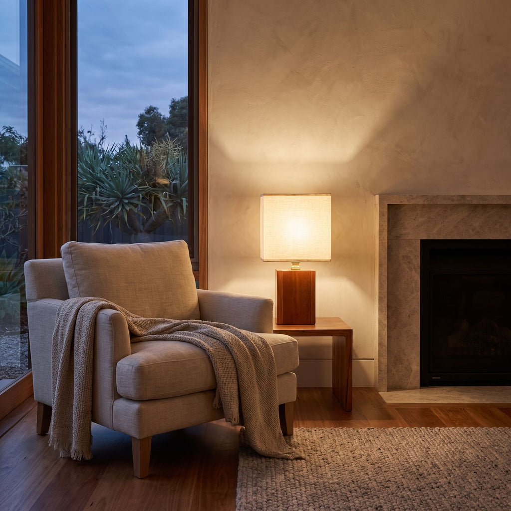 Solid Bamboo Japandi Table Lamp beside a reading armchair