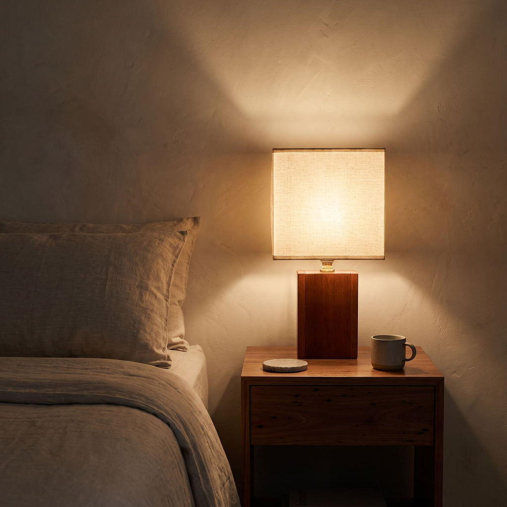 Solid Bamboo Japandi Table Lamp glowing on a bedside table at night