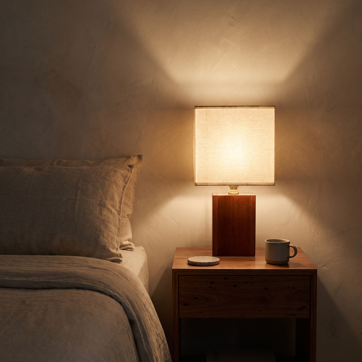 Solid Bamboo Japandi Table Lamp glowing on a bedside table at night