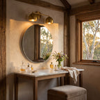 Solid Brass Double Dome Vanity Wall Light above the mirror of a dressing table