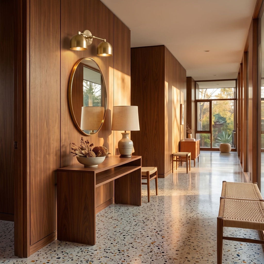 Solid Brass Double Dome Vanity Wall Light above a mirror in a hallway