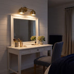 Solid Brass Double Dome Vanity Wall Light above the mirror of a makeup table at night