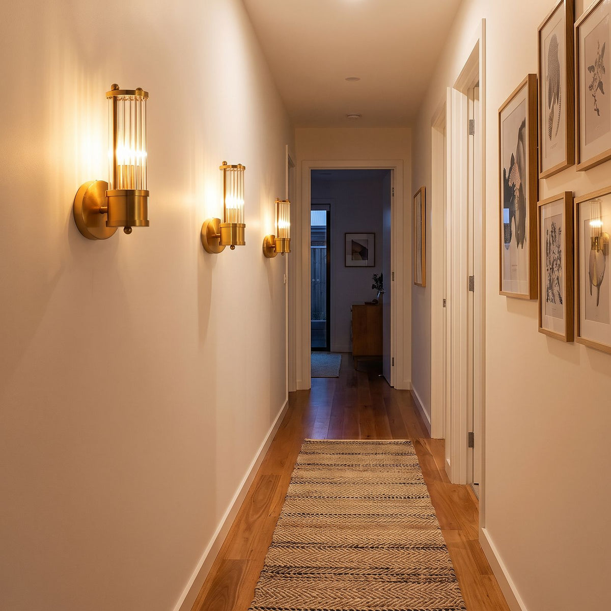 Row of three Ribbed Crystal Glass Tube Gold Wall Lights with one tube along a hallway wall