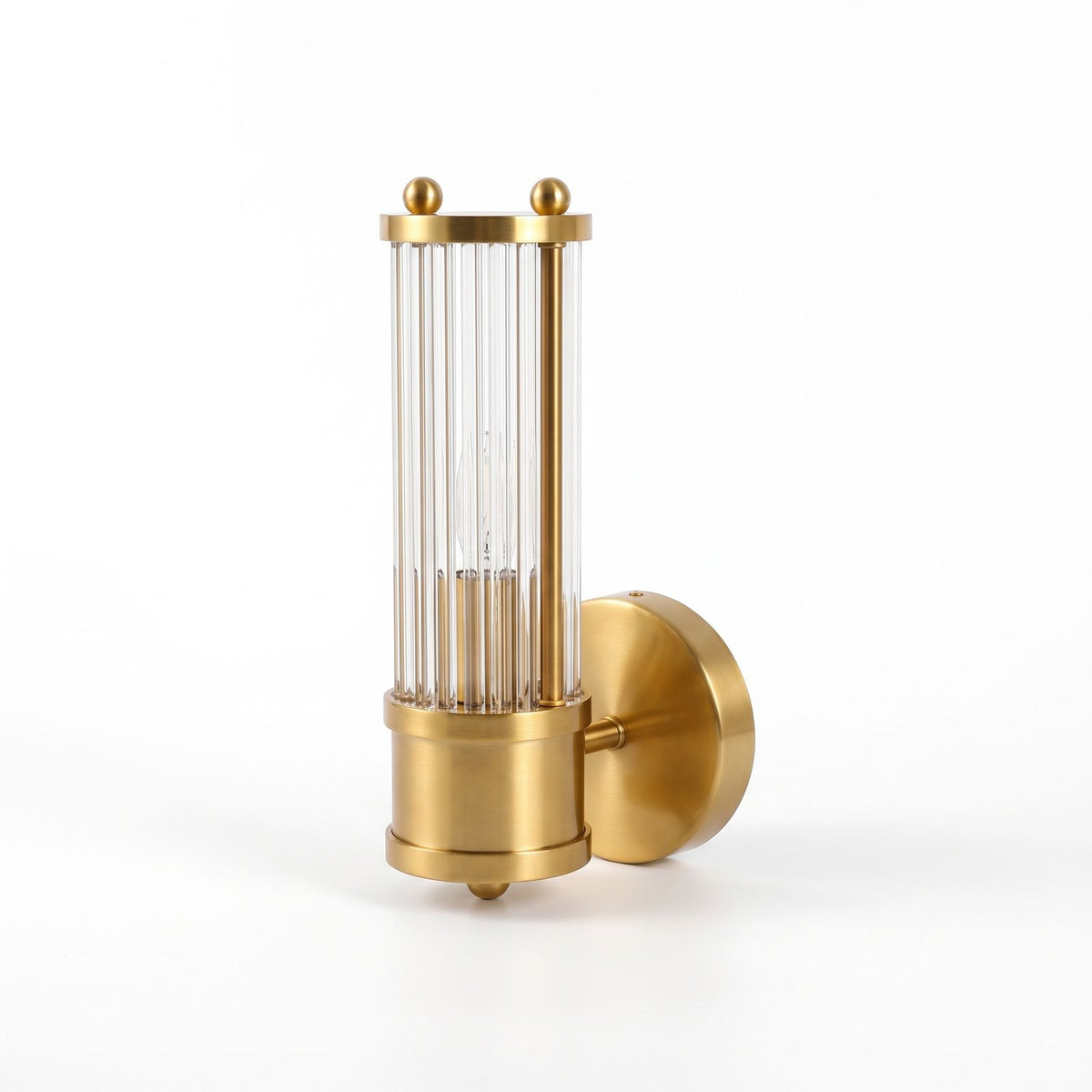 Ribbed Crystal Glass Tube Gold Wall Light with one tube on a white background