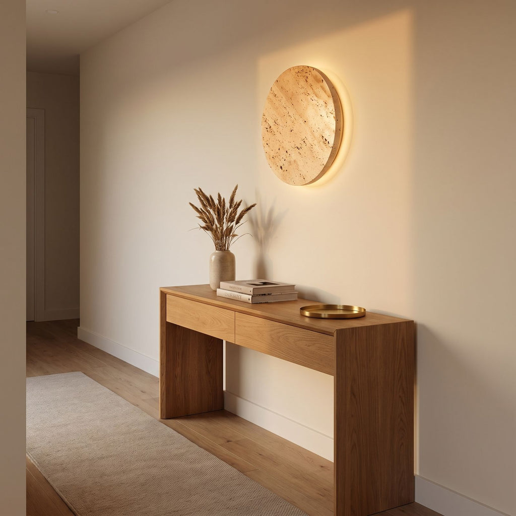 Solid Yellow Travertine Round LED Wall Light in a hallway above a timber console