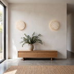 Solid Yellow Travertine Round LED Wall Light in a pair on a wall of an Australian home