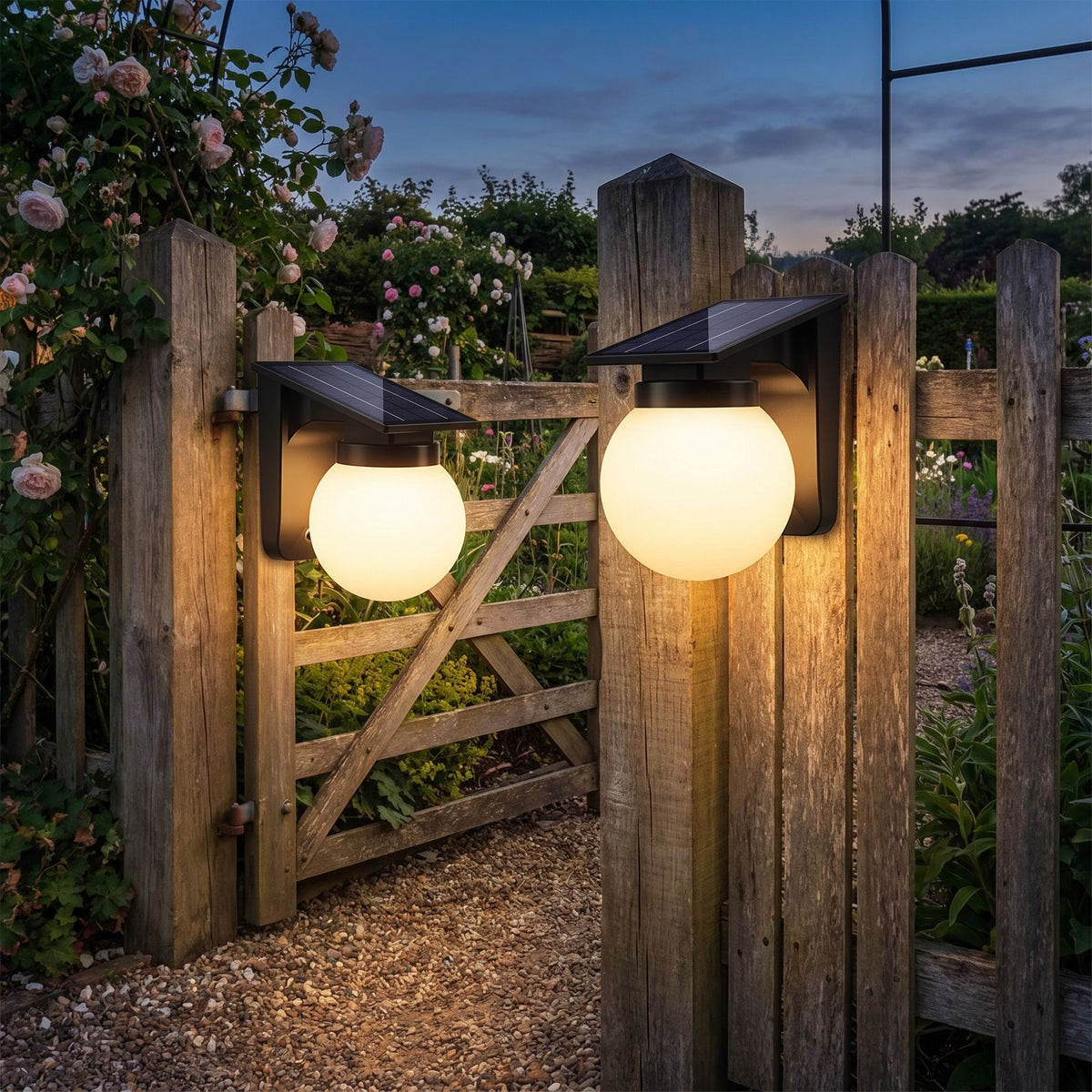 Spherical Solar Outdoor Wall Light on a porch wall at dusk