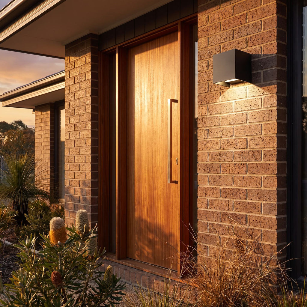 Square Adjustable Beam LED Outdoor Wall Light beside a timber front door