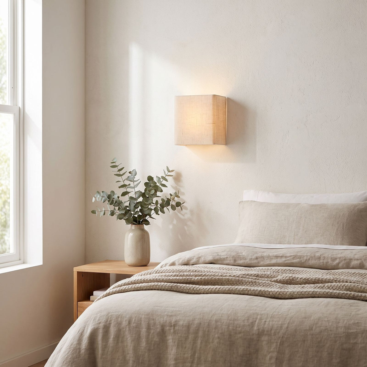 Square Beige Fabric Shade Wall Light on a bedroom wall beside the bed