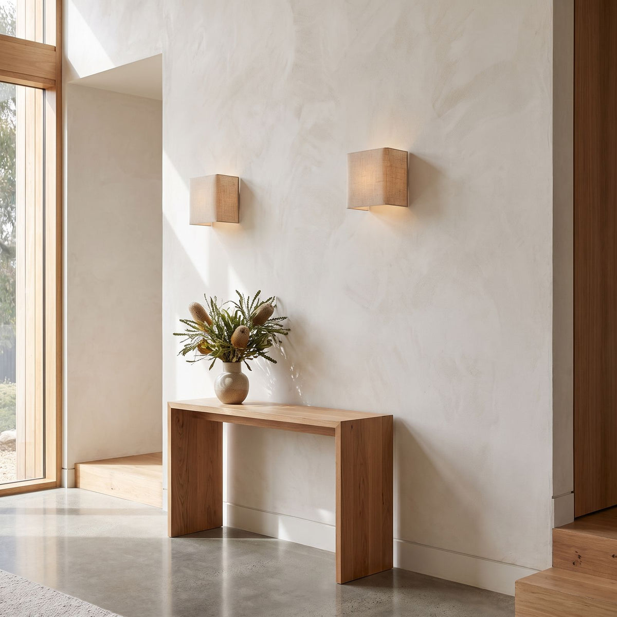 Square Beige Fabric Shade Wall Light in a pair on a wall of an Australian home