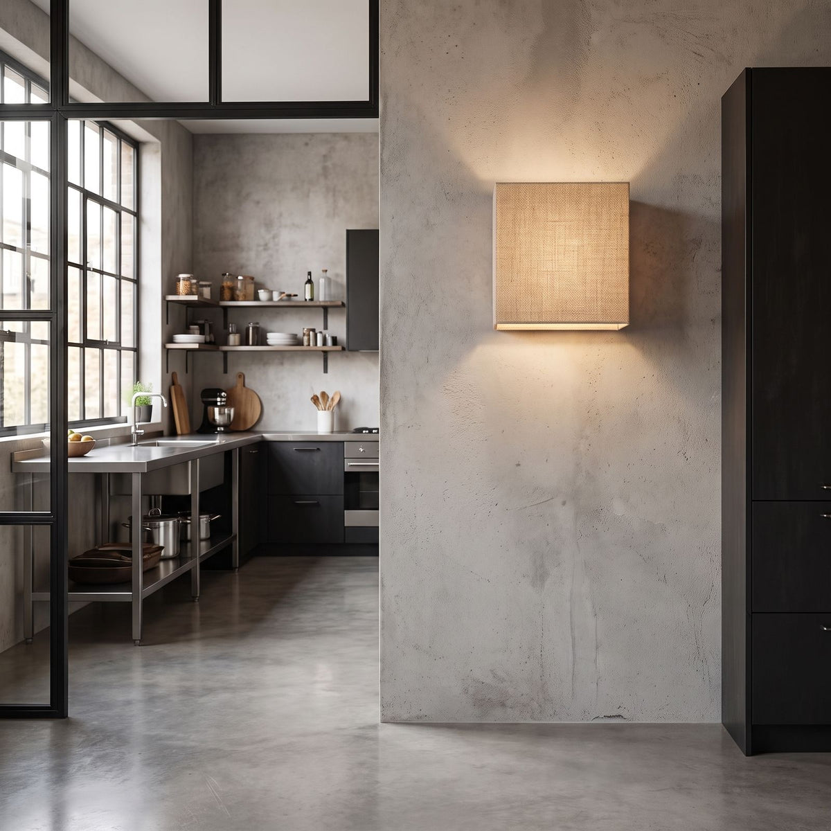 Square Beige Fabric Shade Wall Light on a kitchen wall