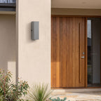 Square Cement Box Outdoor Wall Light beside a timber front door