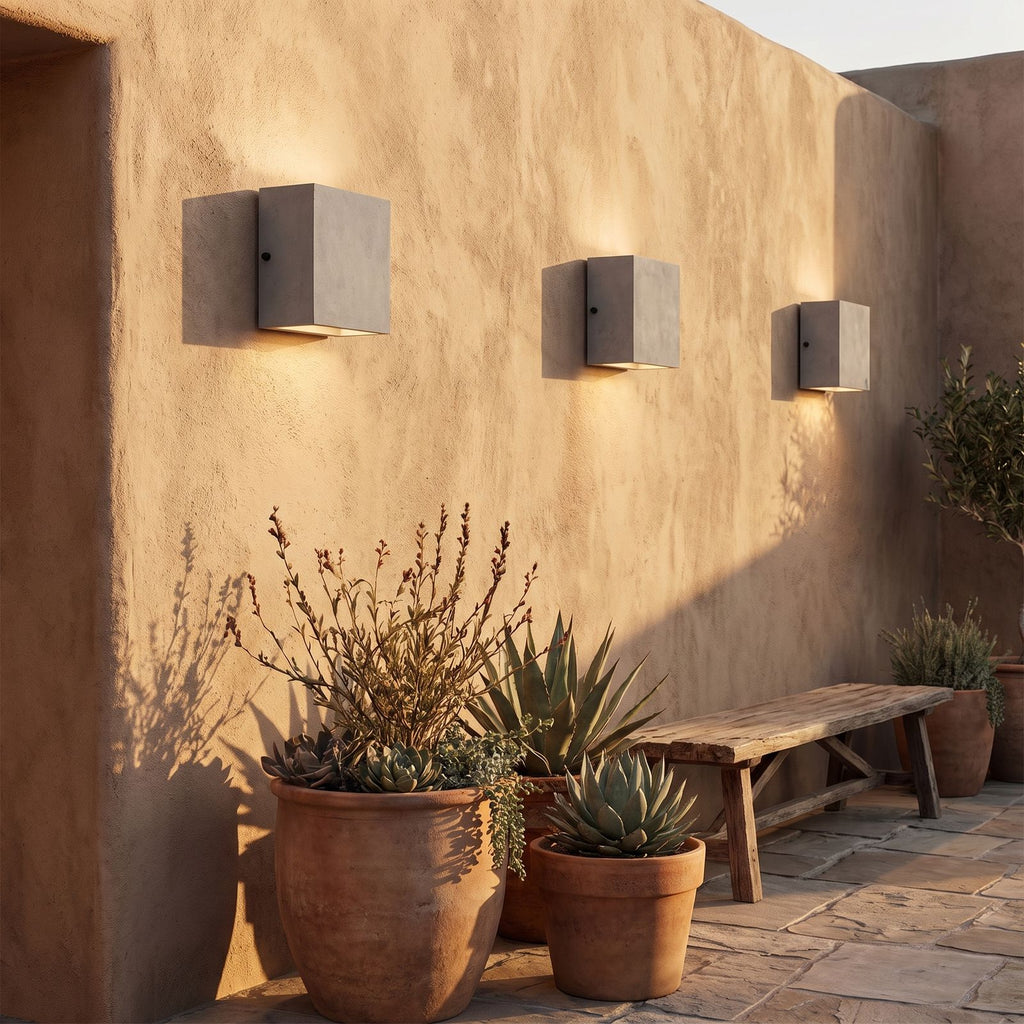 Square Cement Box Outdoor Wall Light in a pair on the facade of an Australian home