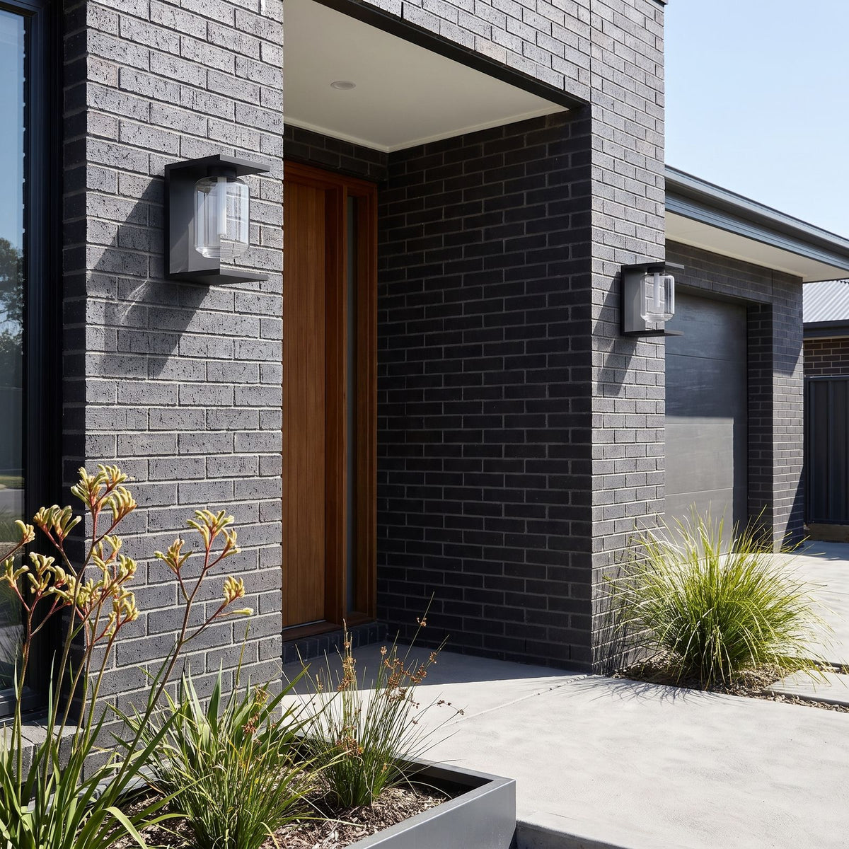 Square Frame Glass Outdoor Wall Lantern in a pair on the facade of an Australian home