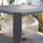 Close-up of the ribbed glass globe and solar panel roof