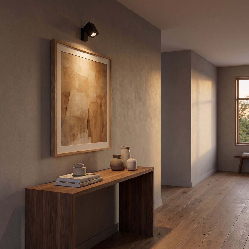 Square Head Rotatable Metal Spotlight Wall Light in a hallway above a timber console