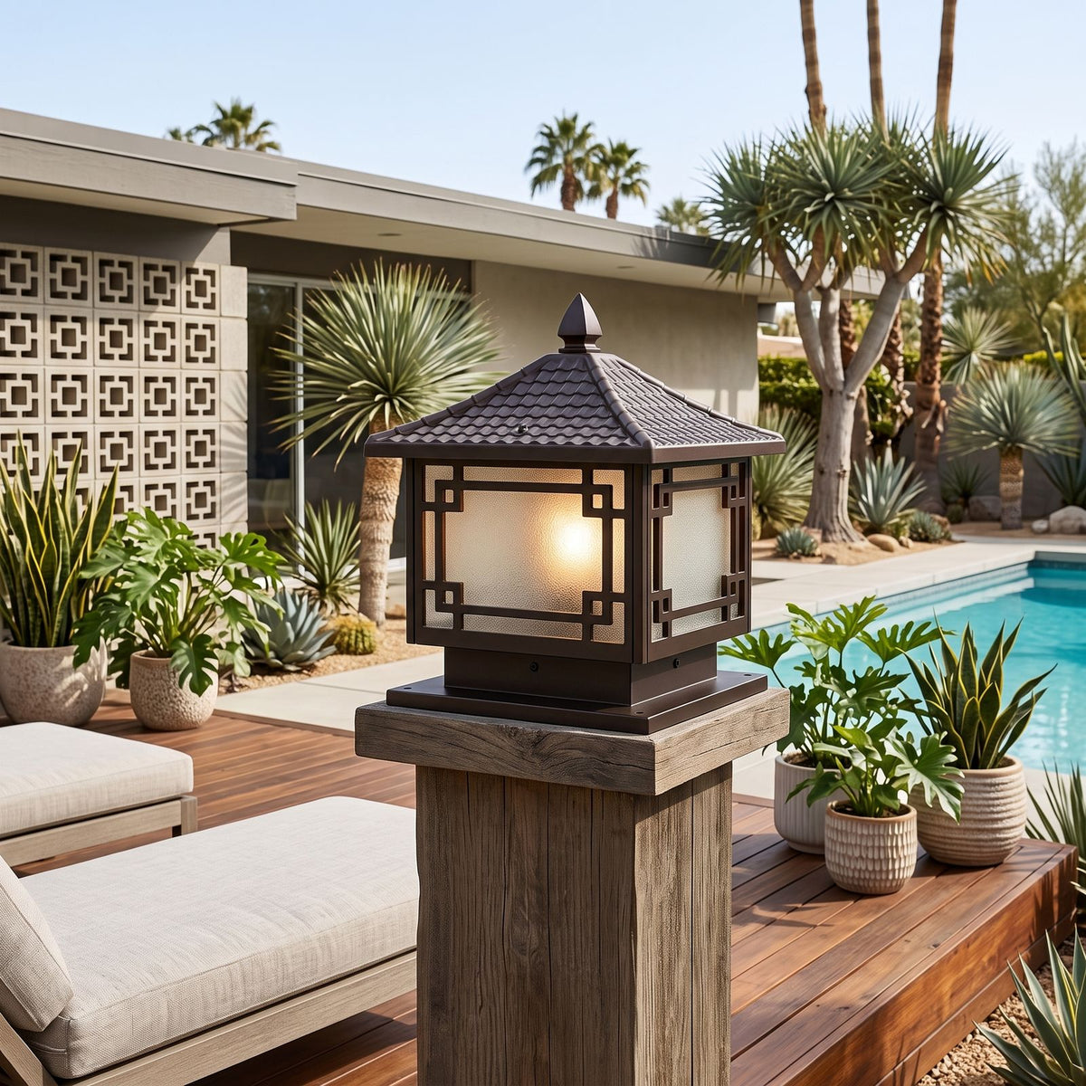 Square Lattice Frame Frosted Glass Pillar Light on a timber deck post in daylight