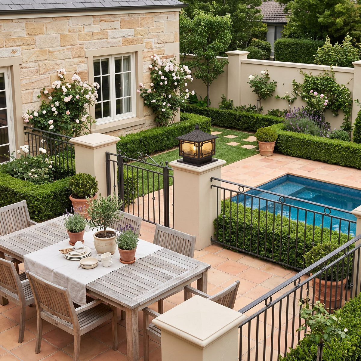 Square Lattice Frame Frosted Glass Pillar Light on a courtyard terrace pillar in daylight