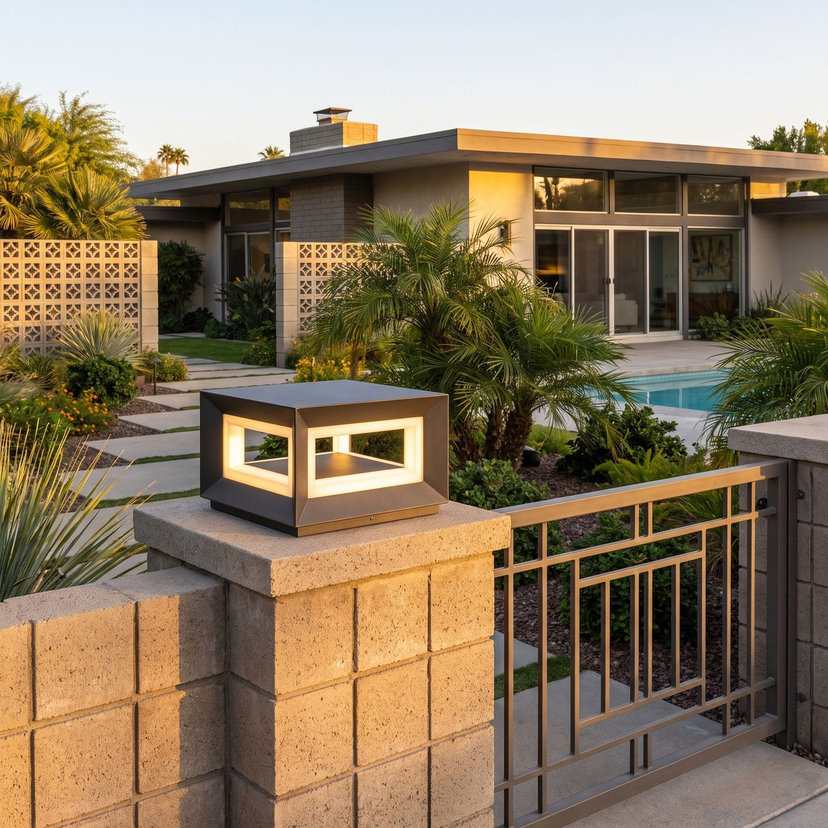Square Stainless Steel Window Frame LED Post Light on a gate pillar at the front entrance at golden hour