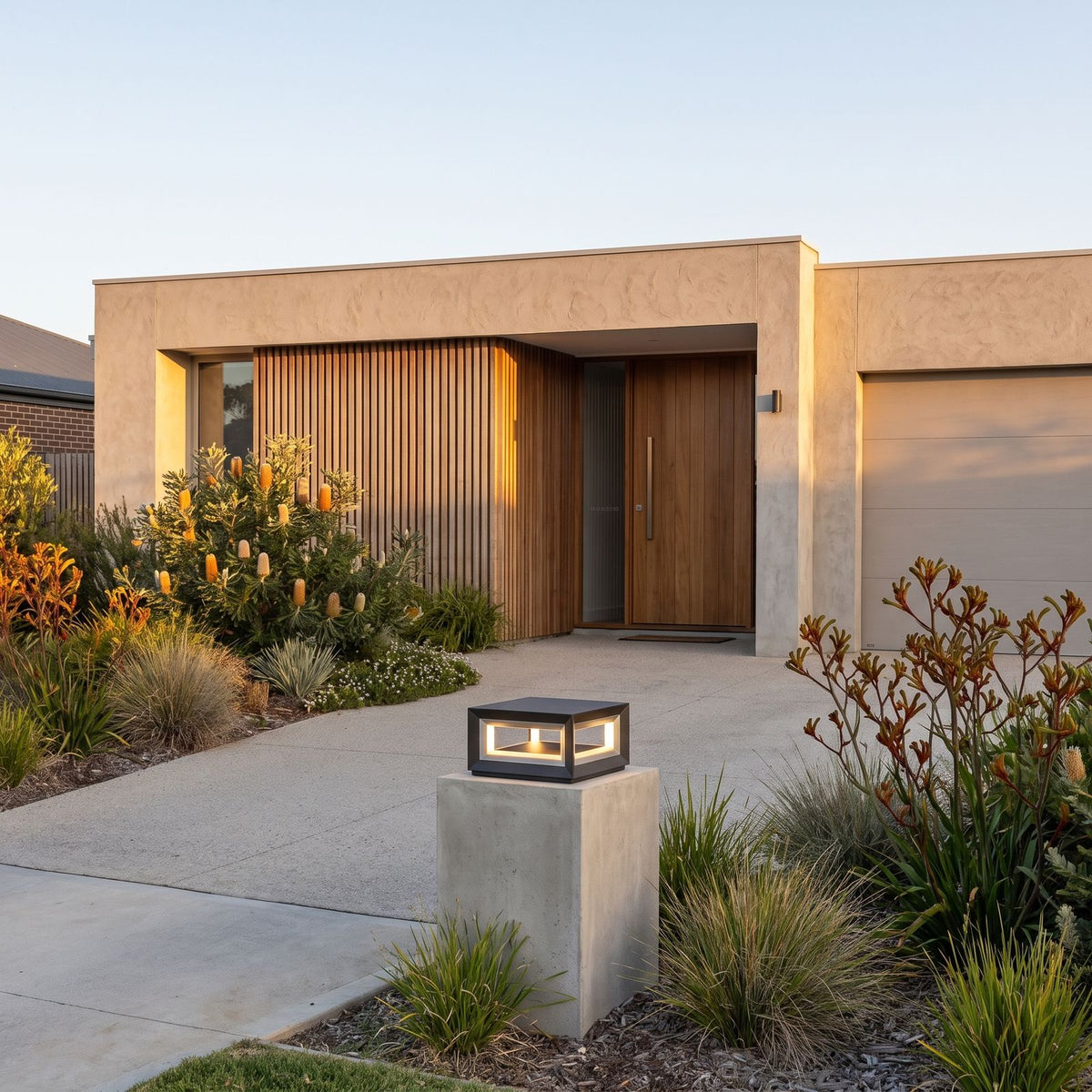 Square Stainless Steel Window Frame LED Post Light at the driveway entrance, wide view of the house