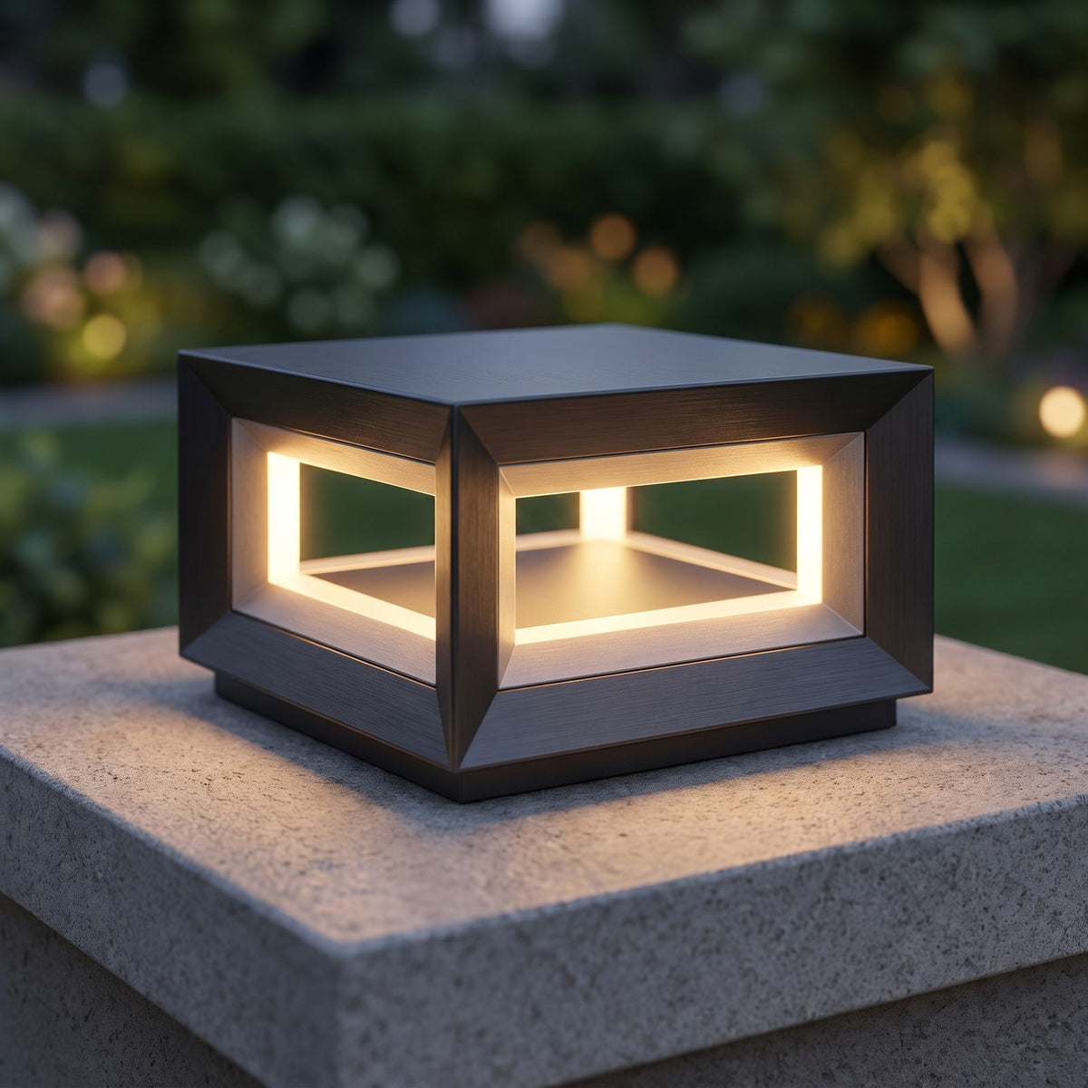 Square Stainless Steel Window Frame LED Post Light: close-up of the materials and finish