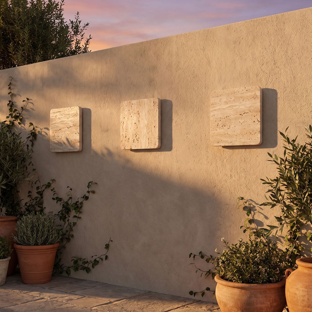 Square Travertine Stone LED Outdoor Wall Light in a pair on the facade of an Australian home