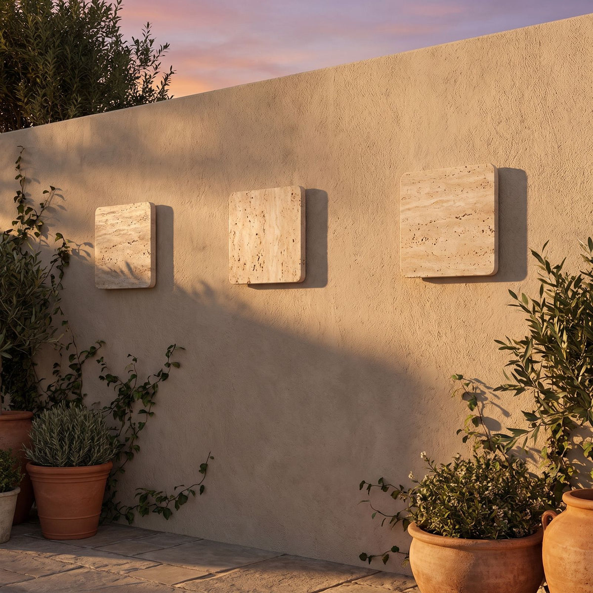 Square Travertine Stone LED Outdoor Wall Light in a pair on the facade of an Australian home