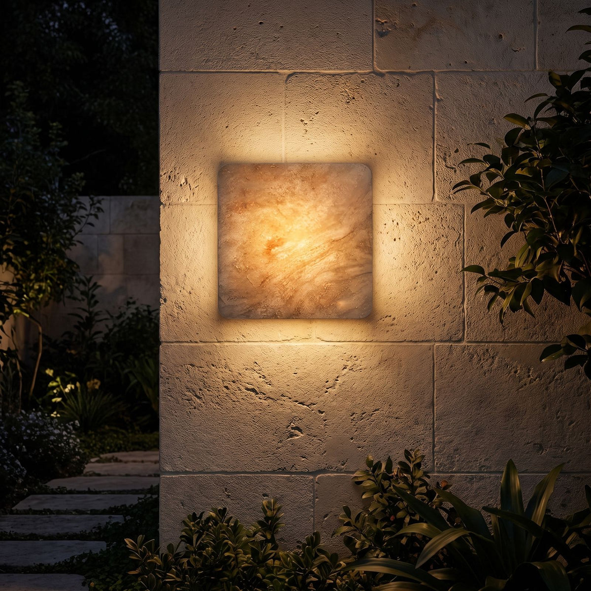 Square Travertine Stone LED Outdoor Wall Light glowing on a garden wall at night