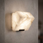 Stacked Alabaster Block Stair Wall Light, close view at 45 degrees on a plaster wall