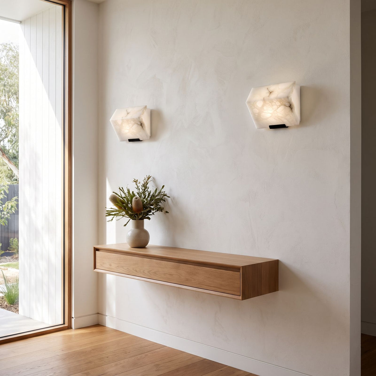 Stacked Alabaster Block Stair Wall Light in a pair on a wall of an Australian home