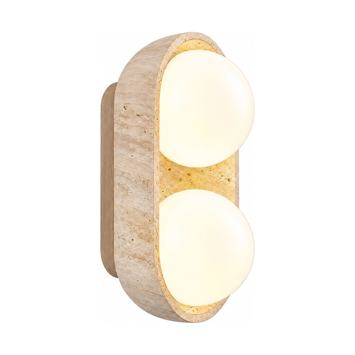Stacked Frosted Globe Travertine Wall Light in Natural Wood on a white background