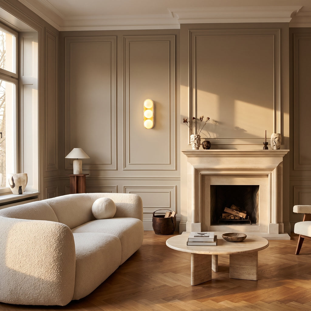 Stacked Frosted Globe Travertine Wall Light with 3 globes on a panelled living room wall beside a stone fireplace