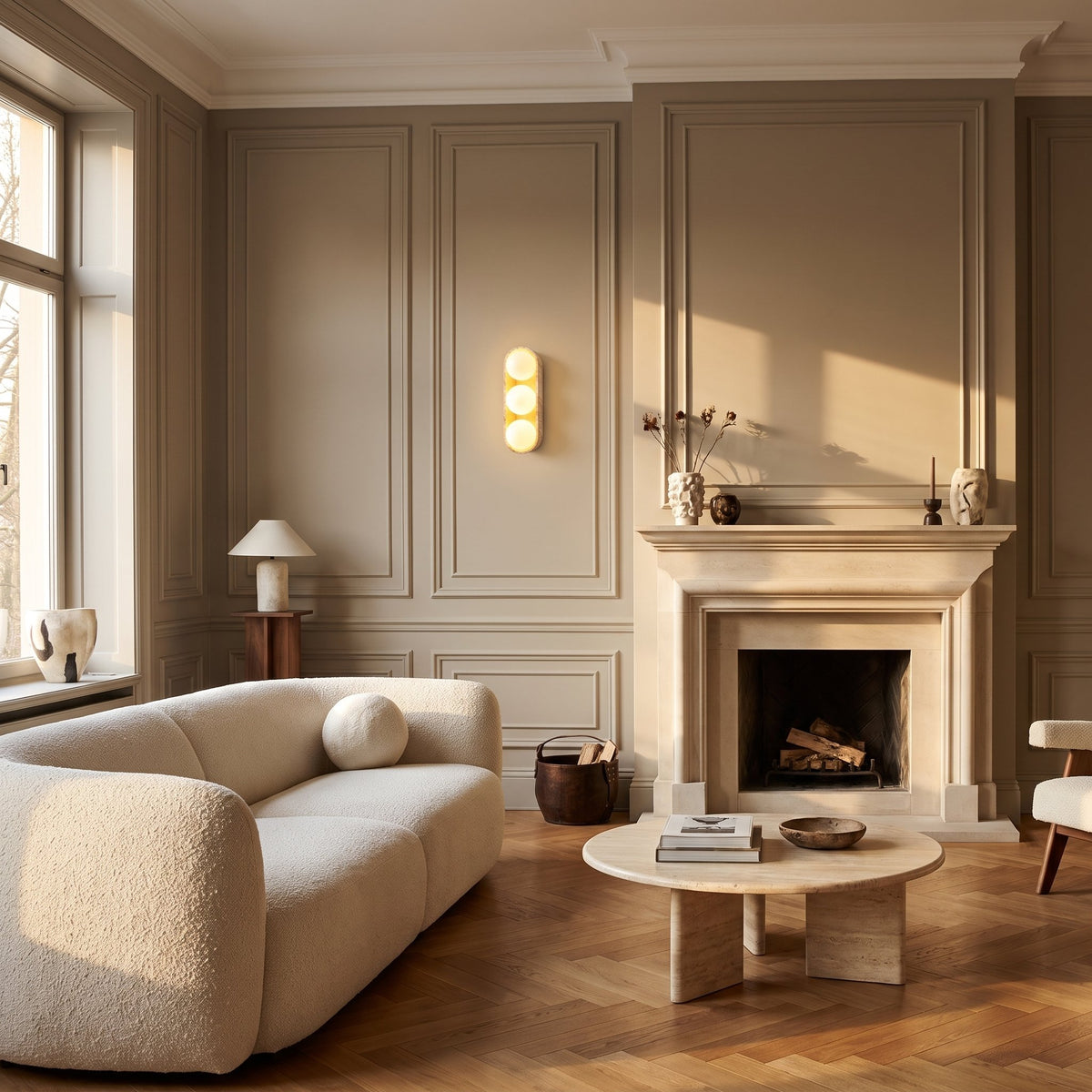 Stacked Frosted Globe Travertine Wall Light with 3 globes on a panelled living room wall beside a stone fireplace