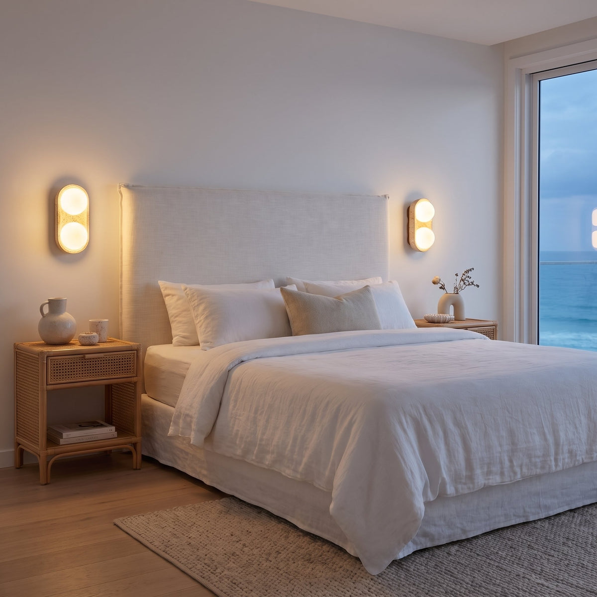 A pair of Stacked Frosted Globe Travertine Wall Lights with 2 globes either side of a bed in a coastal bedroom at dusk