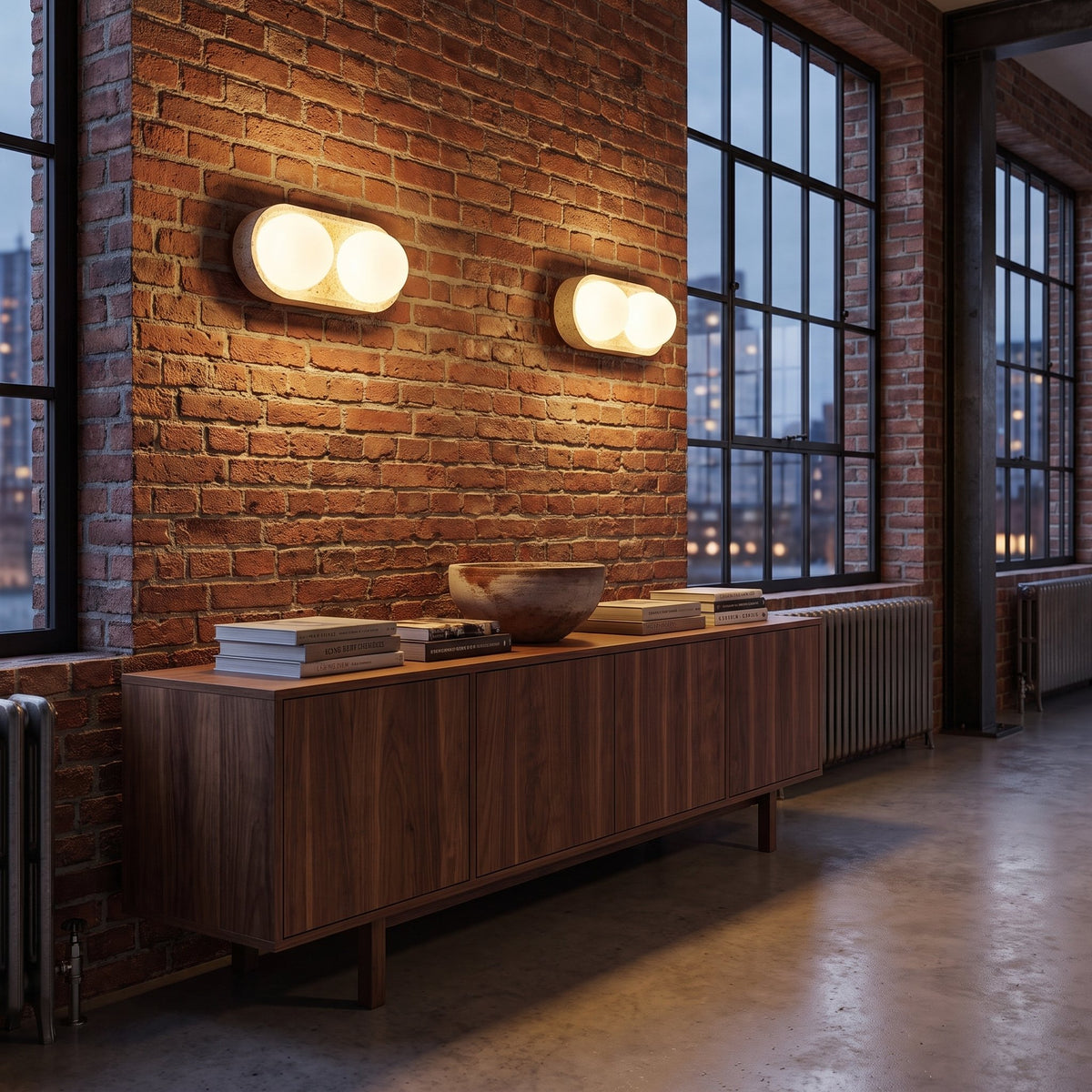 A pair of Stacked Frosted Globe Travertine Wall Lights mounted horizontally above a walnut sideboard in a brick loft