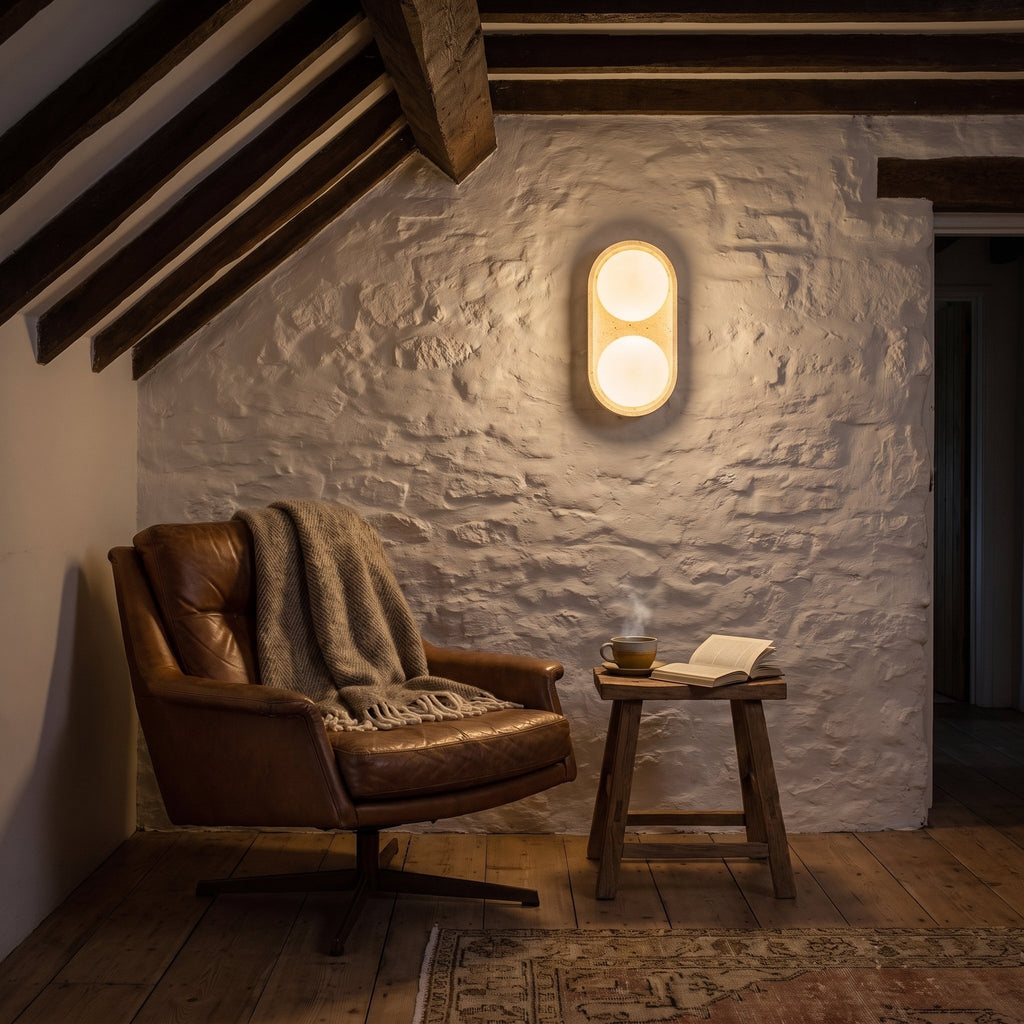 Stacked Frosted Globe Travertine Wall Light in Natural Wood above a leather armchair in a farmhouse reading nook