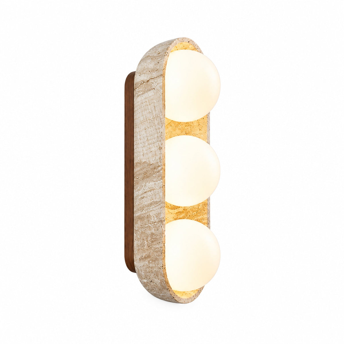 Stacked Frosted Globe Travertine Wall Light with 3 globes in Walnut on a white background