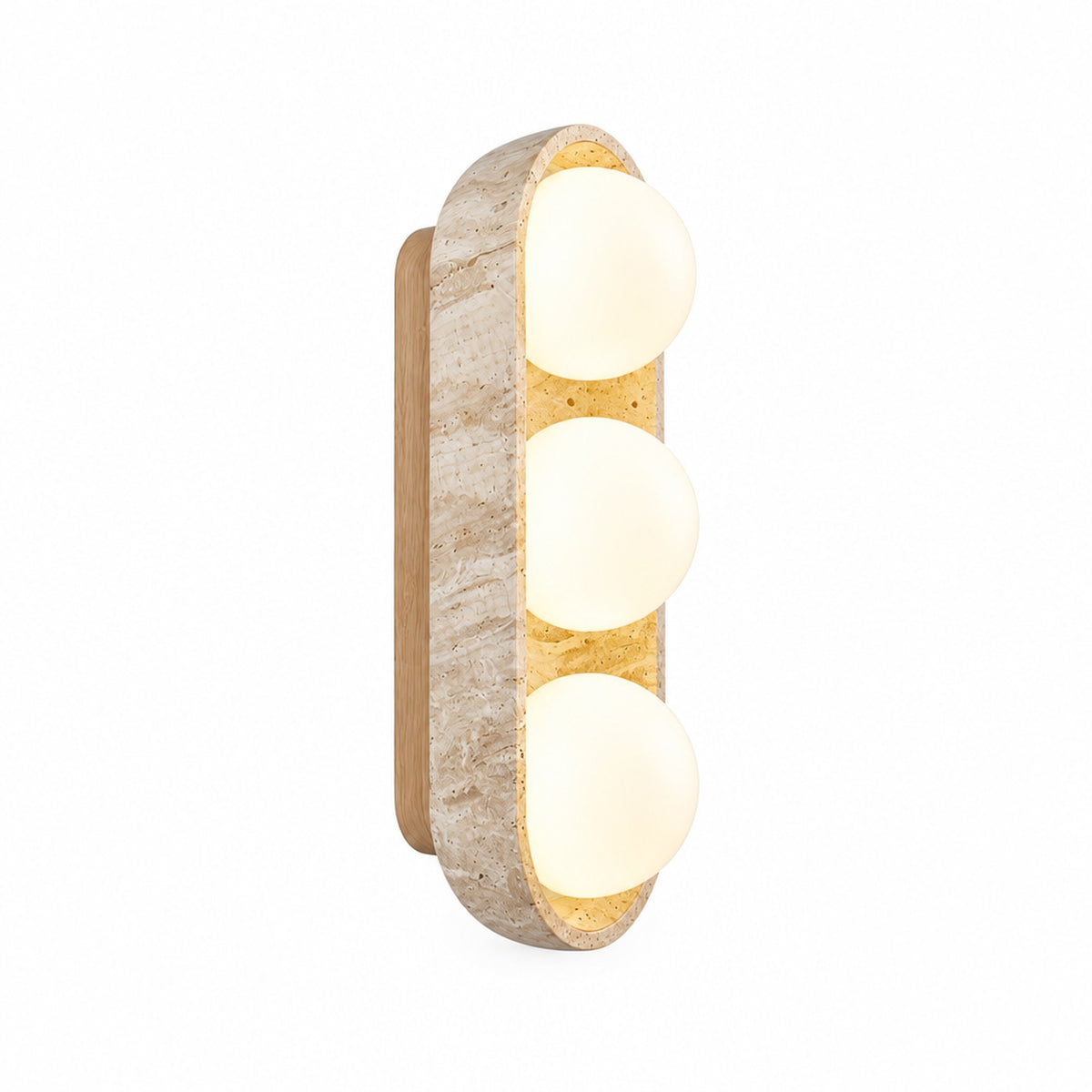 Stacked Frosted Globe Travertine Wall Light with 3 globes in Natural Wood on a white background