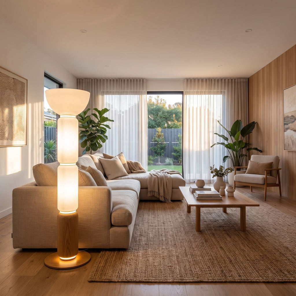 Stacked glass capsule floor lamp beside a sofa, wide living room view