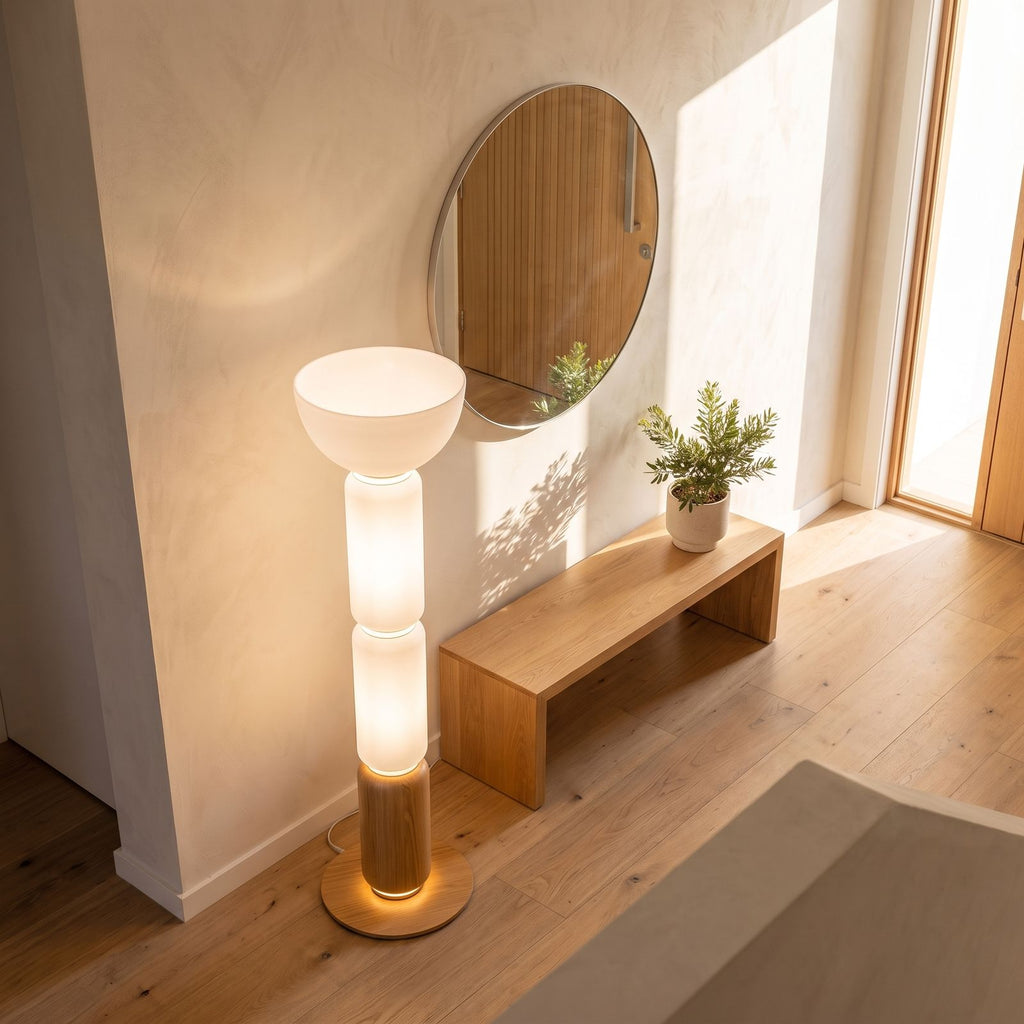 Stacked glass capsule floor lamp in an entry hall in daylight