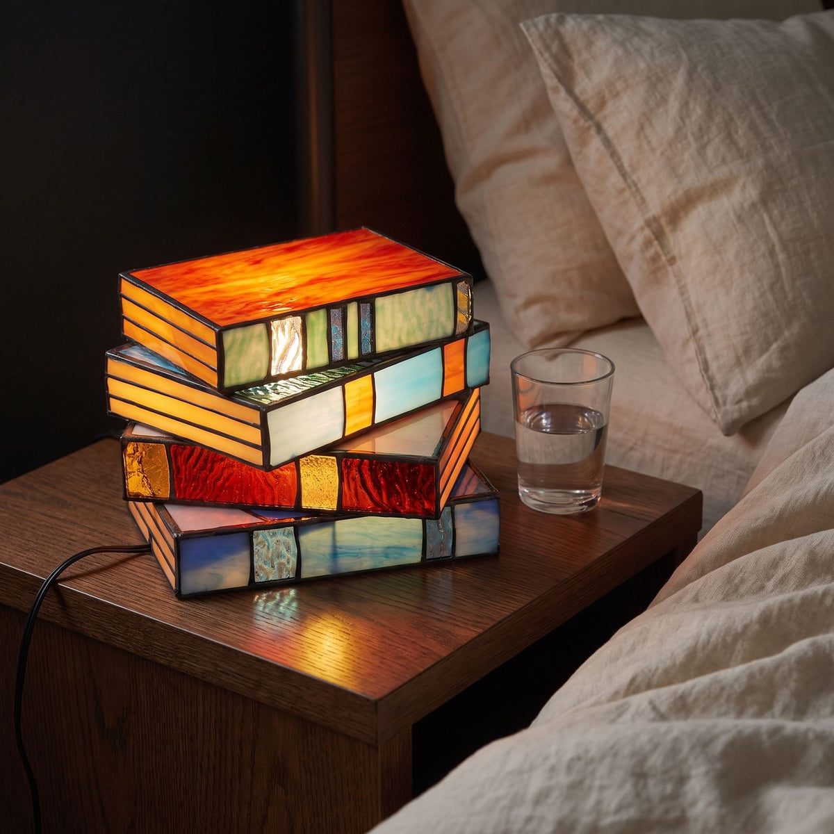 Stained Glass Stacked Books Table Lamp on a bedside table
