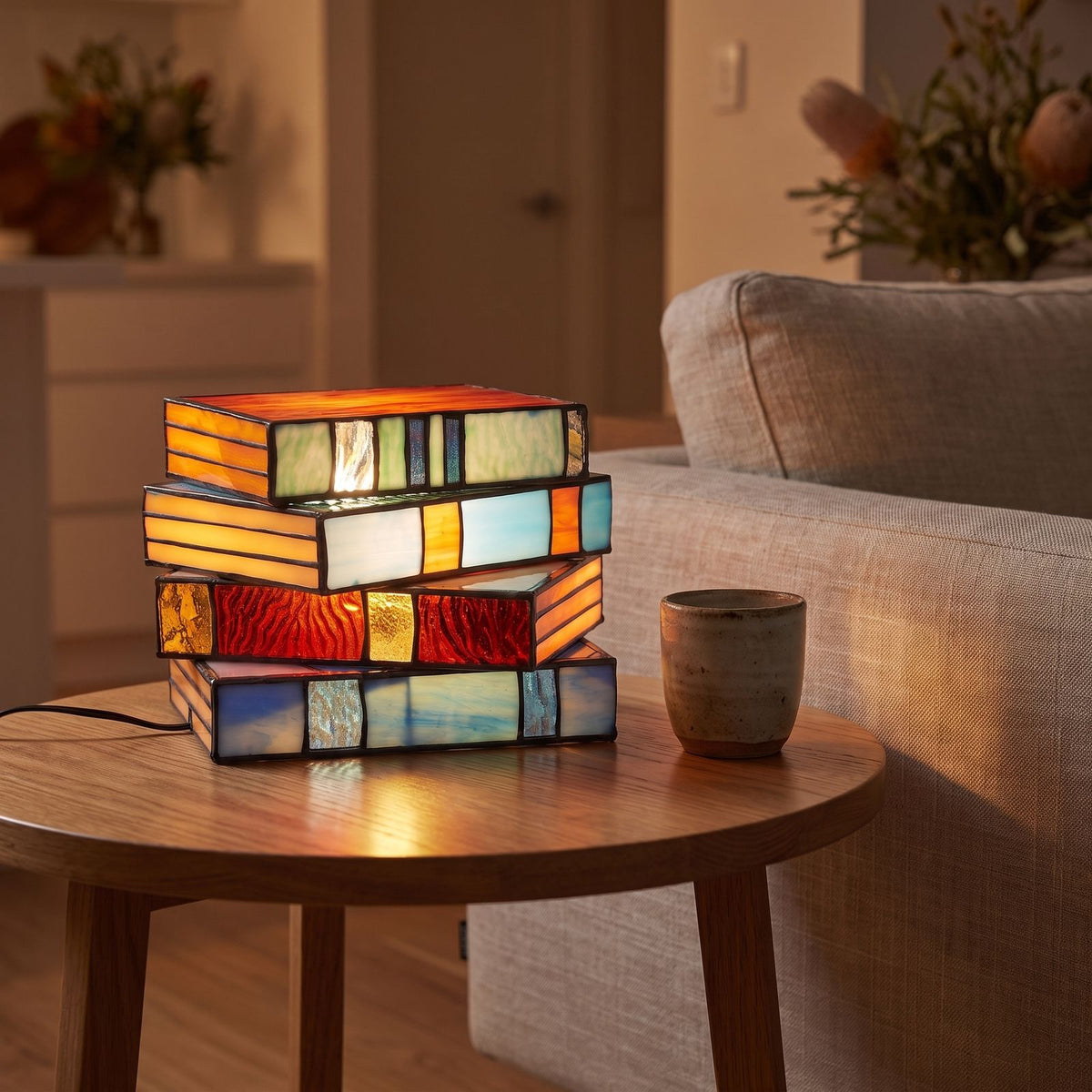 Stained glass stacked books table lamp on a side table beside a sofa