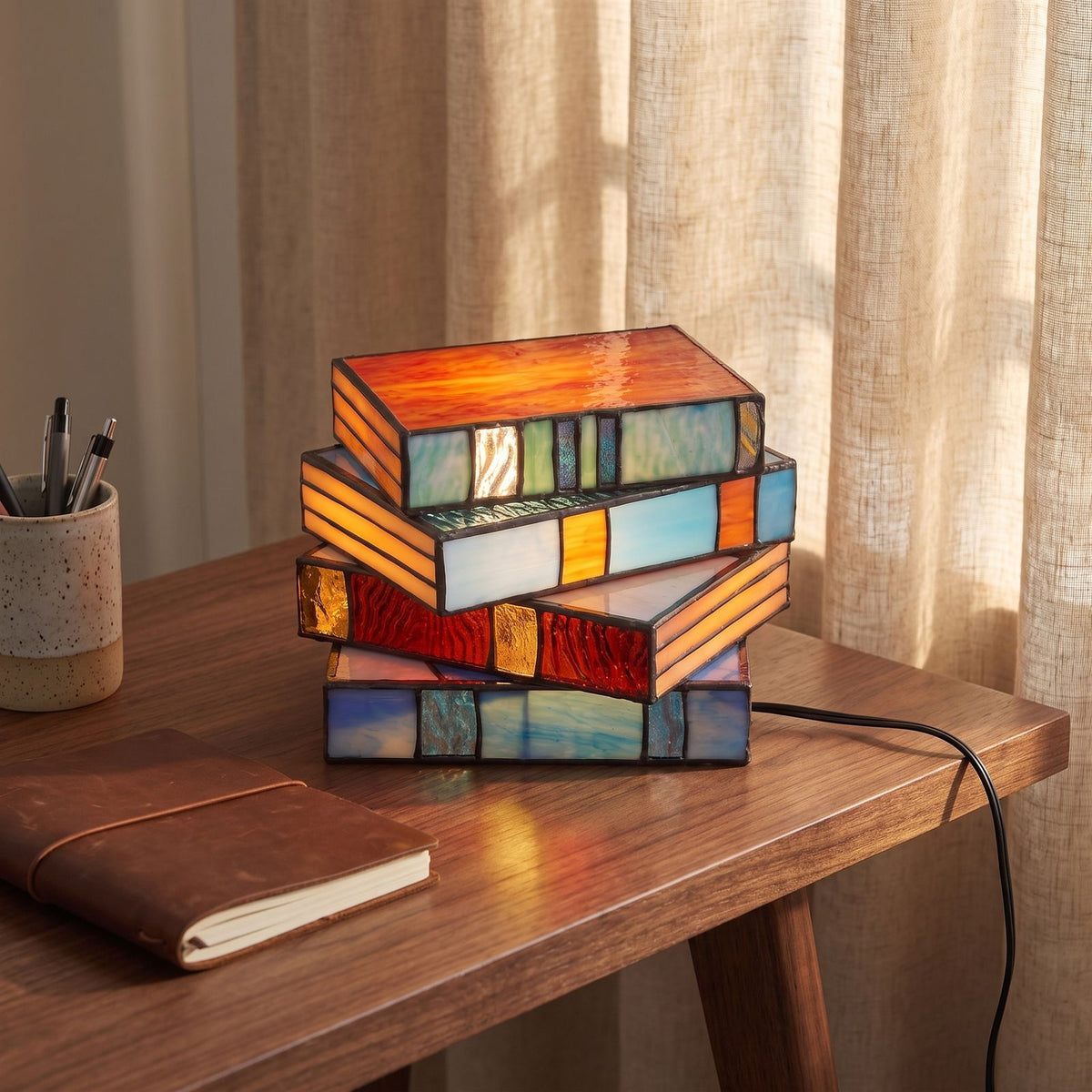 Stained glass stacked books table lamp on a home office desk
