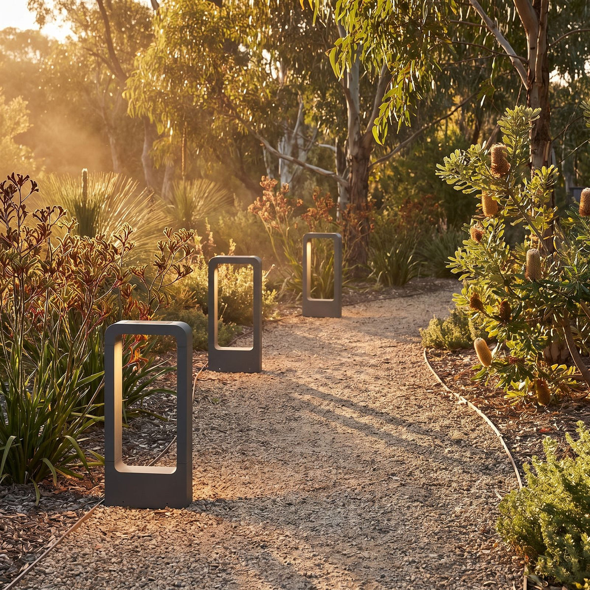 Stainless Steel Solar Floor Light in a row of three along a garden path