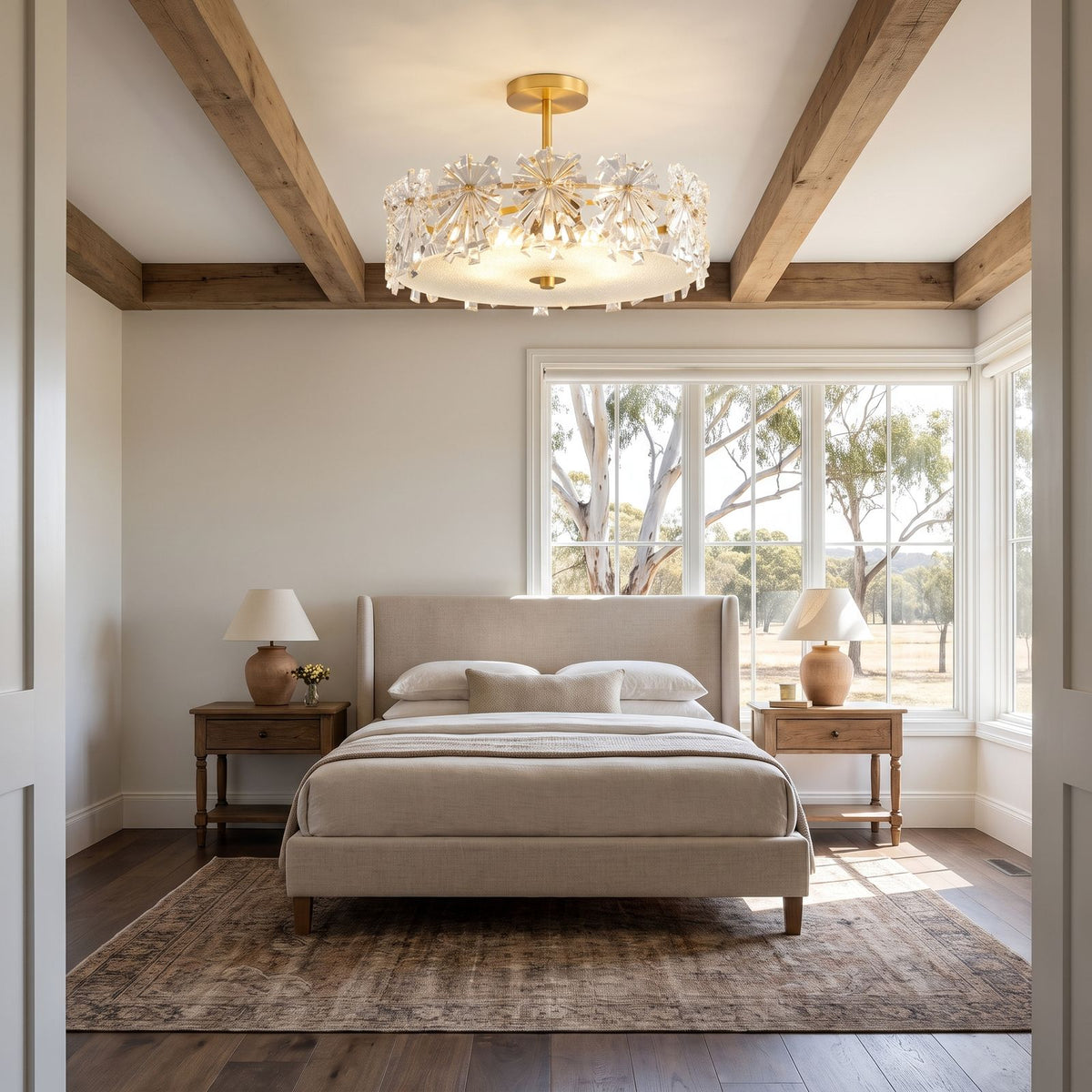 Starburst Glass and Copper Semi-Flush Ceiling Light in a bedroom in daylight