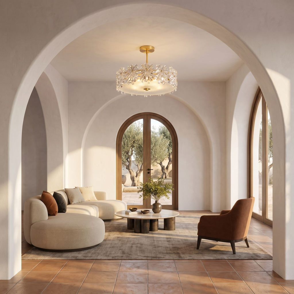 Starburst Glass and Copper Semi-Flush Ceiling Light in an open-plan living area, wide view