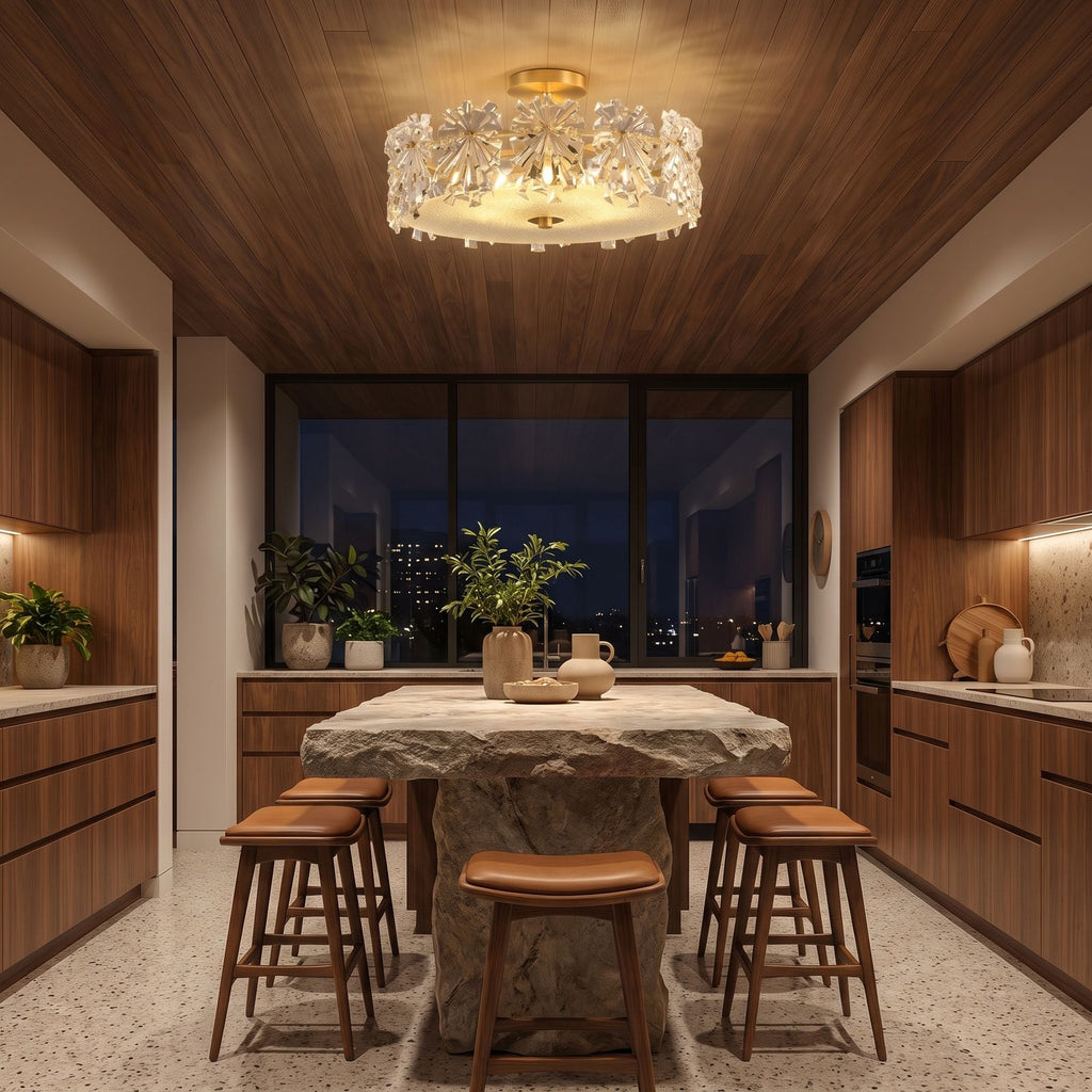 Starburst Glass and Copper Semi-Flush Ceiling Light above a kitchen island at night