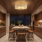 Starburst Glass and Copper Semi-Flush Ceiling Light above a kitchen island at night