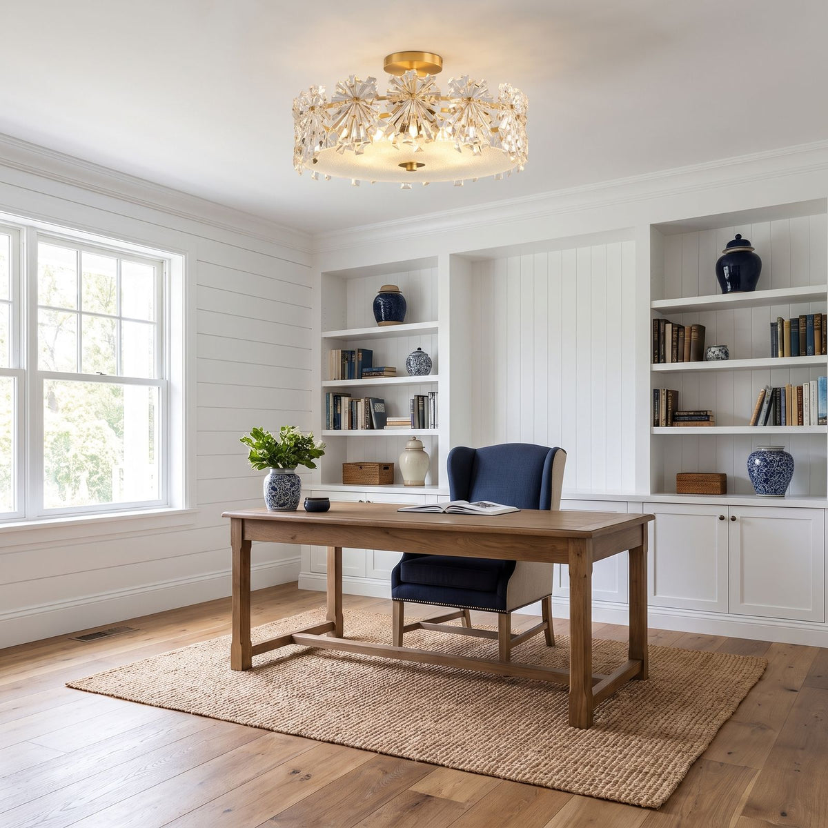 Starburst Glass and Copper Semi-Flush Ceiling Light in a home office