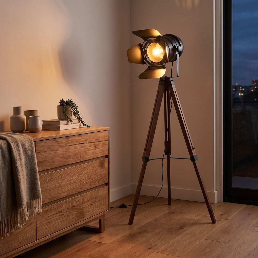 Studio spotlight tripod floor lamp in a bedroom corner beside a dresser